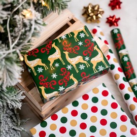 MAYPLUSS Christmas Reversible Wrapping Paper - Mini Roll - 17 Inch X 32.8 Feet - Gold Elk & Polka dots Pattern (47.3 sq.ft.ttl)