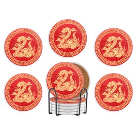 Onebttl Chinese New Year Decorations 2025 - Year of The Snake Gifts, 6 Pcs Coasters Lunar New Year Decorations for Drinks Absorbent with Holder and Corked Back - Red