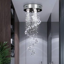 FRIXCHUR Modern Crystal Chandelier Spiral Raindrop Chandelier for 3-Lights Flush Mount Chandelier for Bedroom Dining Room Foyer Staircase, 11.8 in Dia x 35.5 in H, GU10*3 (Bulbs Not Included)