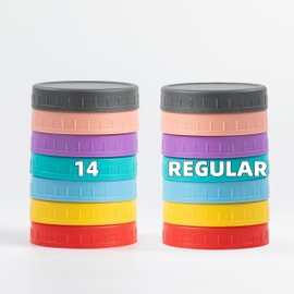 Bedgeta 14 Regular Mouth Mason Jar Lids with Silicone Ring,Thickened Leak-proof Lids Fit Ball,Kerr and More, 14 Color Plastic Lids, 70mm Plastic Mason Jar Lids