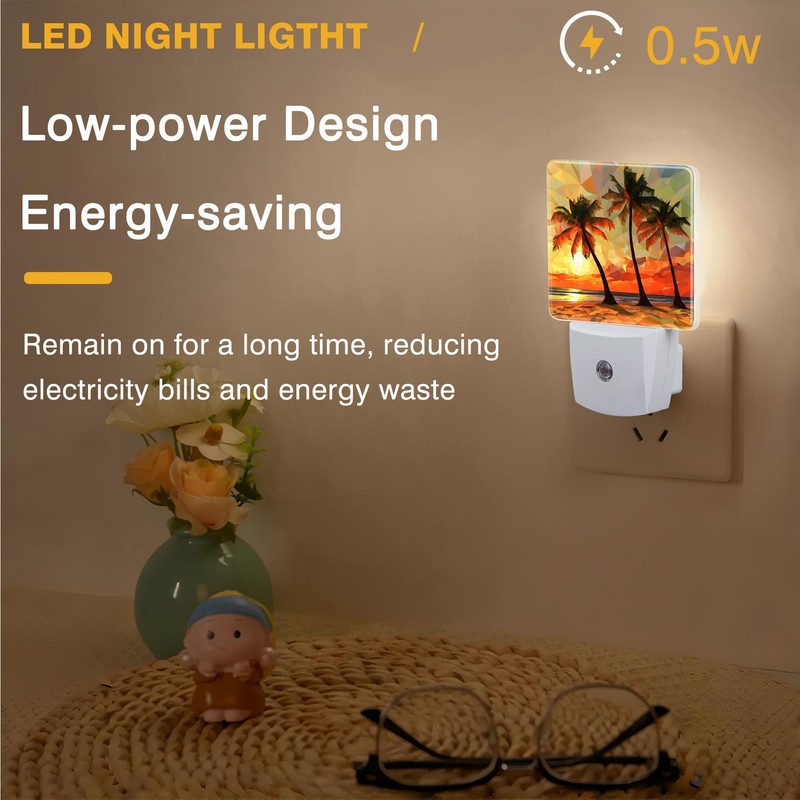 FOISIIAEA Palm Trees at Sunset Night Light, Beach Plug-in Nightlight