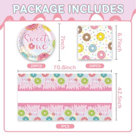 MASGY 41pcs Donut Party Supplies,Sweet One Birthday Party set Include dessert plate,Napkin and Tablecloth,Used for Candyland Birthday Party Decoration