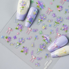 Flower Shell Light Nail Stickers 5D Embossed Self-Adhesive Floral Pearl Crystal Diamond Design Decals Spring Summer Daisy Nail Art Charms for Women DIY Decorations Exquisite Cardboard 1Sheets Set