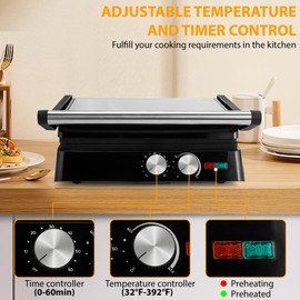 SUSTEAS 2in1 Panini Press Sandwich Maker and Electric Indoor Grill with Temperature Time Setting, Easy Clean Nonstick Grids, Opens 180°/105° to Fit Any Type or Size of Food, Homemade BBQ,1400W, Black