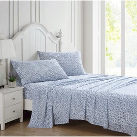 Laura Ashley Home - King Sheets, Soft Sateen Cotton Bedding Set - Sleek, Smooth, & Breathable Home Decor (Lavange Vine Indigo, 4 pieces, King)