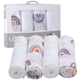 LAT Muslin Squares for Babies, 70 x 70 cm, Pack of 4 Muslin Nappies, Burp Cloths, Muslin Cloths, 100% Cotton, Soft and Breathable for Newborn Girls and Boys (Rainbow + White)