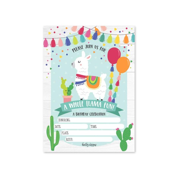 25 Llama Kids Birthday or Fiesta Party Invitations, Boys or Girls Invite, Alpaca Cactus Sleepover Themed, Children or Toddlers Baby First or 1st Bday Theme Supplies, Printed or Fill In the Blank Cards