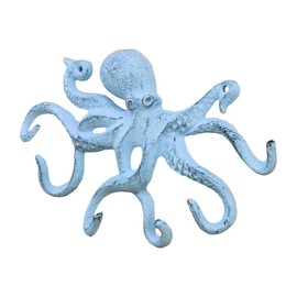Rustic Dark Blue Whitewashed Cast Iron Octopus Hook 11 Inch - Decorative Hook - Sealife Metal Wall Hook