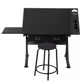 SEGAWE Adjustable Drafting Desk Workstation Set in Black MDF with Stool and Drawer
