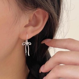 Aneneiceera Vintage Ribbon Bow Dangle Earrings Silver Filigree Bowknot Earrings Long Bow Ribbon Earrings Minimalist Bow Tie Earrings Jewelry for Women