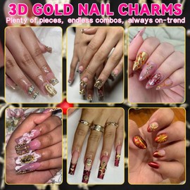 ALGLEA 72pcs Gold Nail Charms Set with Cross, Bow, Rose, Hearts, Money, Flowers and Virgin Mary - Y2K 3D Gold Charms for Nail Decorations