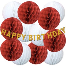 Happy Spring Birthday Party Decorations Honeycomb Ball Set (Gold+Red,White)