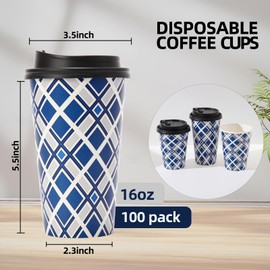 Tamone 100 PACK 16OZ Disposable Coffee Cups with Lids, To Go Coffee Cups with Lids Leak Proof, Blue Paper Cups Lattice Design for Cold/Hot Coffee Beverage Chocolate Cocoa for Home Office