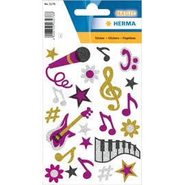 HERMA 3276 Stickers Music Glitter, Pack of 22, Music Notes Stickers with Microphone Guitar Clef Flowers Stars Motif, Children's Labels for Photo Album, Diary, Poetry Album, Scrapbooking, Birthday