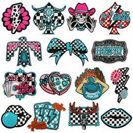 15PCS Western Racing Iron On Patches, Blue Checkered Cowgirl Embroidered Appliques for Trucker Hats, Jackets, Rodeo Bags & DIY Accessories
