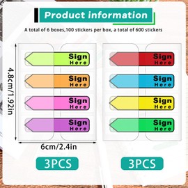 Tatuo 600 Pcs Sign Here Tabs Colored flag Stickers 8 Colors with Dispenser Arrow Flag Easy to Post for Notary Books Paper (Sign Here Style)
