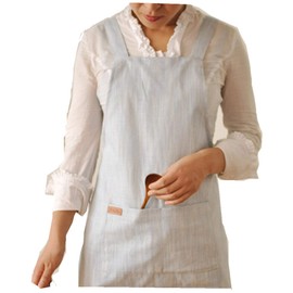 BBYBBS Linen Pinafore Apron Japan Style Mediumweight Japanese Apron Cross Apron No Tie Apron Double Front Large Size Pockets Halter Cross Bandage Aprons (Light blue)