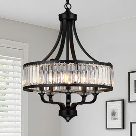 5-Light Black Crystal Chandelier | 20" Farmhouse Dining Room Light Fixture Over Table Adjustable Height Hanging | Modern Pendant Lights Kitchen Island Apply to Living Room | Bedroom | Entryway