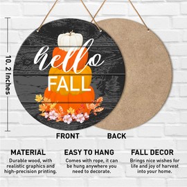 Hello Fall Sign Front Door Decor, Fall Round Hanging Sign Decor Farmhouse Autumn Wall Decorations Pumpkin Harvest Thanksgiving Black Wood Sign for Porch, Home, Office