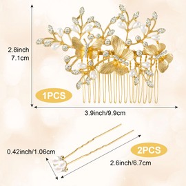 OIIKI Gold Butterfly Hair Accessories: Pearl Rhinestone Bridal Comb, Crystal Leaf Side Comb, 2 Hair Pins - Vintage Jewelry for Bride and Women
