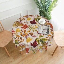 Sweetshow Round Fall Tablecloth 60 Inch Fallen Leaves Maple Leaf Print Autumn Thanksgiving Harvest Themed Holiday Wooden Pattern Decorative Table Cloth Seasonal Decor for Home Kitchen Dining Room