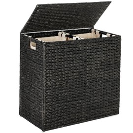 Best Choice Products Large Double Laundry Hamper with Lid, Natural Handwoven Water Hyacinth, 2 Sections w/ 2 Machine Washable Linen Liner Bags, Portable, Handles - Black