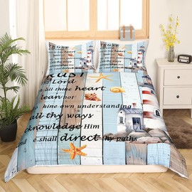 Rustic Lighthouse Duvet Cover Set,Vintage Farmhouse Wooden Board Bedding Set 3pcs for Kids Teens Adults Cabin Room Decor Ocean Starfish Shells Comforter Cover Romantic Quotes Quilt Cover King Size