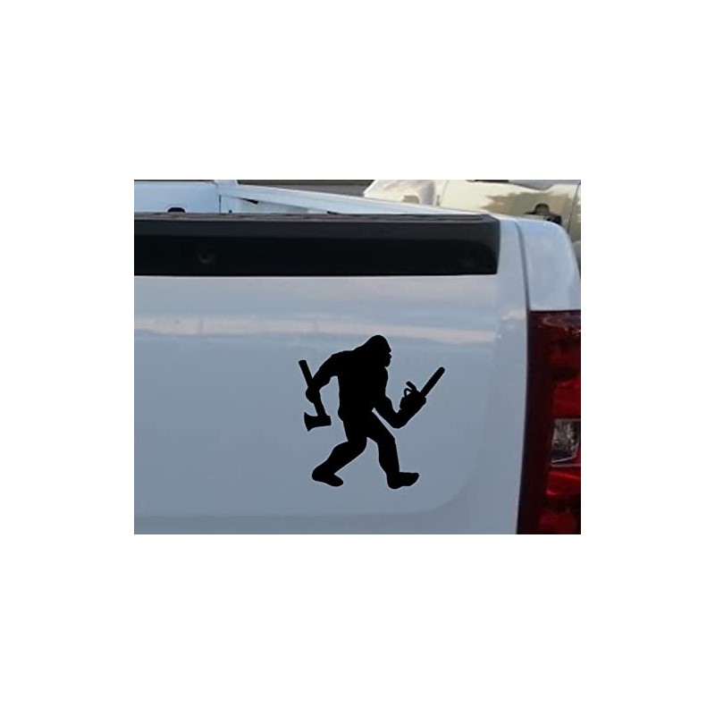 Bigfoot Lumberjack Logger with Axe and Chainsaw Black Decal Sticker