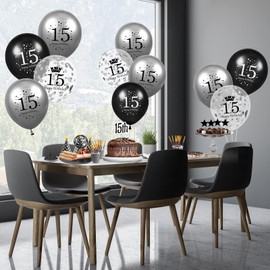 15th Birthday Balloons Kids Decorations 15pcs Black Silver Happy 15th Birthday Party Latex Confetti Balloons for Kids Boys Girls 15th Anniversary Happy Birthday Party Decor Supplies 12 inches