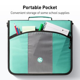 Kinbashi Zipper Binder 3 Ring, Round Ring Binder with 600 Sheets Capacity, Expanding Files, Handle and Shoulder Strap Included, Green