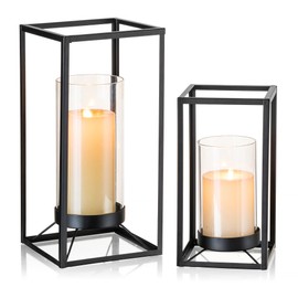 Staymoment Black Metal Lantern Decorative Set of 2 with Hurricane Glass：Indoor Modern Farmhouse Candle Holder Hanging Lanterns for Table Centerpiece Fireplace Mantles Shelf, 12" & 9" Iron Home Decor
