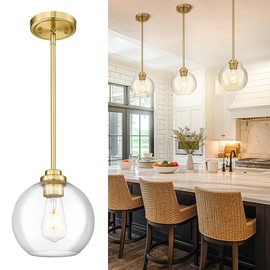 JAZAVA 8 inch Modern Gold Pendant Light Fixtures, Mid Century Globe Pendant Lights with Clear Glass, 1 Light Hanging Lights for Kitchen Island, Bathroom, Dining Room (1 Pack), PL101BG-L