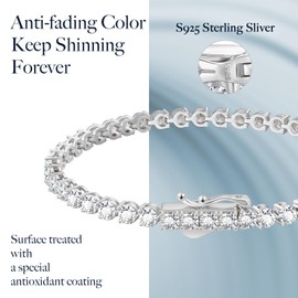 KRKC Tennis Bracelets For Women, Cubic Zirconia Bracelet, S925 Sterling Silver With White Gold Plated, 5A Round CZ Diamond Bracelets For Women Mother's Day Gift,Three Prong 3MM 7 inches