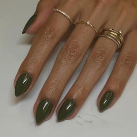 Uñas postizas cortas color verde oliva con forma de almendra, 30 unidades, uñas acrílicas gruesas y cortas, uñas postizas de color sólido, uñas natura