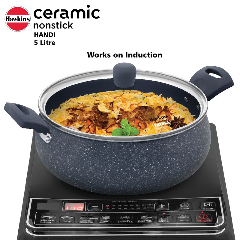 Hawkins Ceramic Nonstick Handi, 5 Litre, Induction Biryani Pot, Granite