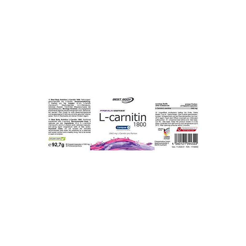 Best Body Nutrition L-Carnitin 1800 Kapseln Carnipure Vegan, 1er Pack