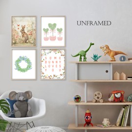 Qabliqo Easter Wall Decor, Pink Chinoiserie Floral Bunny Wall Art Prints Set of 4, Easter Bunny Decor, Easter Wall Decor for Home Bedroom Living Room, Grandmillennial Home Decor, 8x10 Inches Unframed