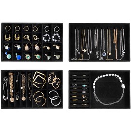 ProCase [Set of 4] Stackable Jewelry Organizer Trays for Drawers, Jewelry Display Case Storage Container for Earring Necklace Rings Bracelet with Removable Dividers -Allblack