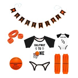 Basketball Half Way To One 6 Month Birthday Bodysuit Complete Outfit Half Way To First