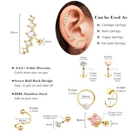 Kakonia Pack of 25 16-20G Stainless Steel Piercing Ear for Men and Women Cartilage Hoop Earrings CZ Heart Rook Labret Piercing Helix Tragus Conch Piercing Ring Stud Earrings, Stainless Steel