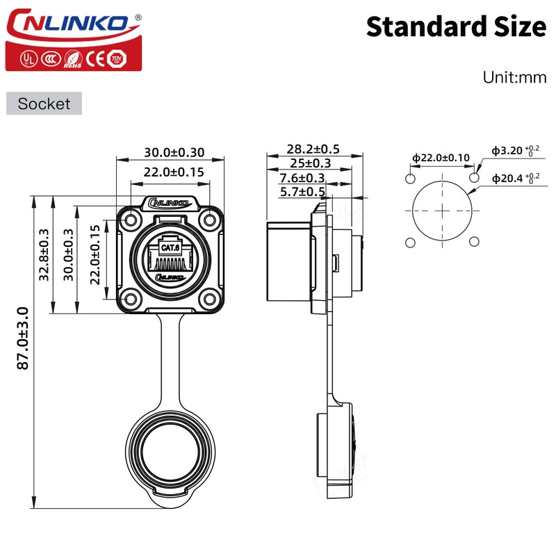 CNLINKO LP-20 RJ45 Panel Mount Socket, CAT6 Ethernet Connector RJ45