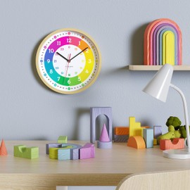 Cander Berlin MNU 2425 R Children's Wall Clock Silent 25 cm Wood Look Analogue Learning Clock Boys Girls Children's Room without Ticking Colourful