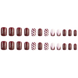 24PCS Christmas Press on Nails Medium Fake Nails Square False Nails with Glitter Designs Red Glue on Nails French Stick on Nails Pink Acrylic Nails Full Cover Glossy Artificial Nails for Nail DIY