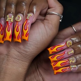 20Pcs Long Curved Press on Nails Long Square Fake Nails with Rhinestone Flame Design Reusable False Nails Kit Fall Curved Nails Press ons Holiday Stick on Nail Full Cover Glue on Nail for Women