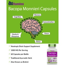 Bacopa Monnieri Capsules 1000 MG (60 Capsules) | Nootropic Brain Support Supplement* | Bacopa Leaf Extract Powder Pills | by TNVitamins