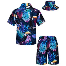 TUNEVUSE Little and Big Boys Hawaiian Shirt and Short Set, Summer Printed Kids Cabina Set with Hats, Dark blue02