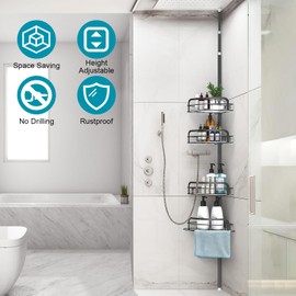 Corner Shower Caddy Tension Pole, Upgraded Adjustable Corner Shower Caddy Organizer with Hooks, 4-Tier Shelf Inside Shower Bathtub Organizers & Storage, Thickend Rustproof Steel, 33 to 116 Inch Height