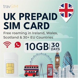 travSIM UK SIM Card | 10GB Data / 4G / 5G Speeds | Unlimited Calls | Use UK SIM in UK, Switzerland and More than 30 EU Countries | Plan on UK SIM is valid for 30 days