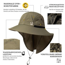 TOP-EX XL/XXL Waterproof Sun Hat Men's Wide Brim Sun Protection Hat Outdoor Trekking Hat with Neck Protection Safari Summer Hat Foldable, 94599_Army Green, L-XL