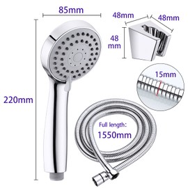Senbaler Water-Saving Shower Head Universal with 1.55 m Stainless Steel Hose and Holder, Hand Shower Chrome, 3 Jet Types, High Pressure Rain Shower